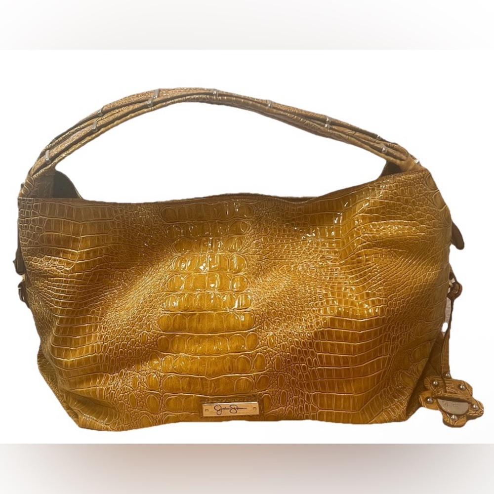 Jessica Simpson Yellow Crocodile-Embossed Signature XL Tote with Emerald Lining